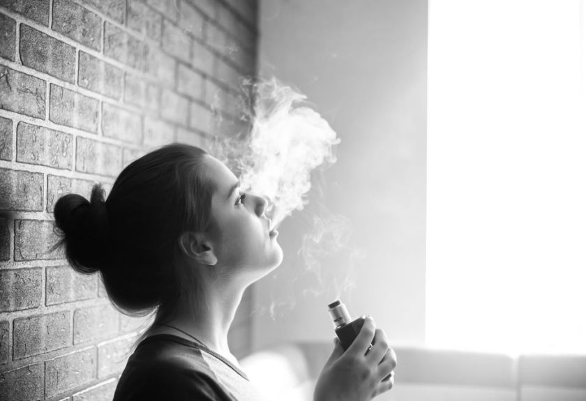 Teen vaping in a school bathroom